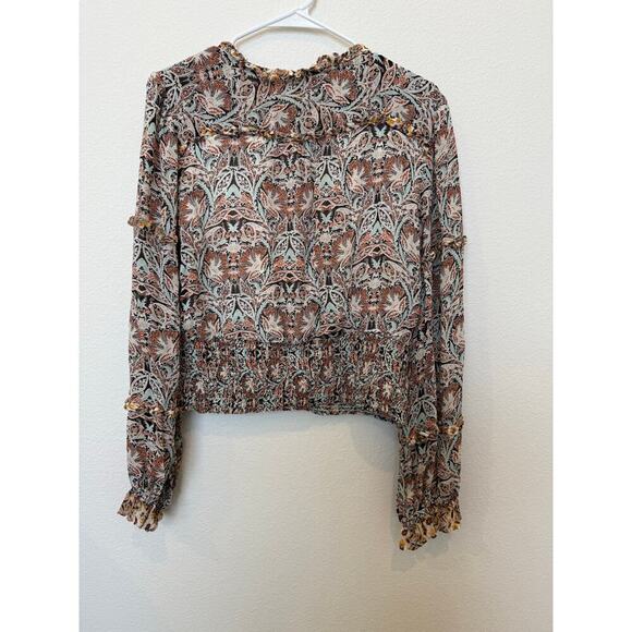 by Anthropologie Printed Paisley Ruffle Blouse V Neck Large - Picture 6 of 8